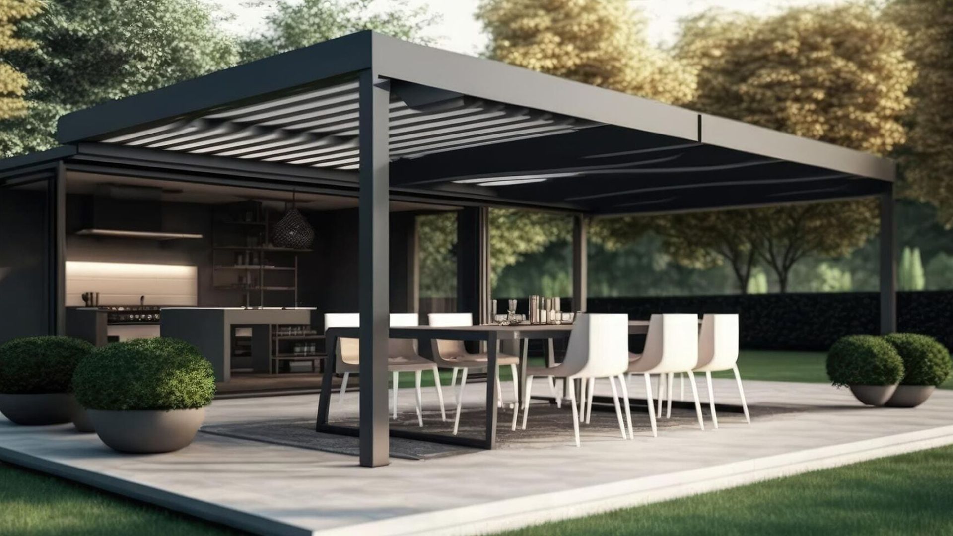 Moderne anthrazitfarbene Lamellen-Pergola über einer Outdoor-Küche und einem Essbereich mit weißen Stühlen auf einer Garten-Terrasse